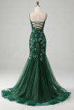 Sirène Robe de Soirée vert foncé à lacets avec appliques