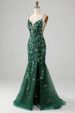 Sirène Robe de Soirée vert foncé à lacets avec appliques