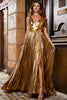 Charger l&#39;image dans la galerie, Superbe robe de soirée longue dorée à col en V avec fente sur le devant
