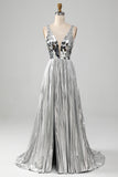 Robe de soirée miroir argentée à col en V scintillante avec fente