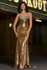 Charger l&#39;image dans la galerie, Robe de soirée longue perlée sirène dorée scintillante sans bretelles avec fente