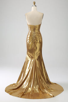 Robe de Soirée longue sirène dorée sans bretelles avec fente