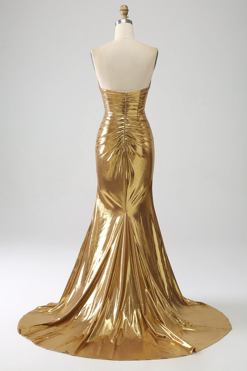 Charger l&#39;image dans la galerie, Robe de Soirée longue sirène dorée sans bretelles avec fente