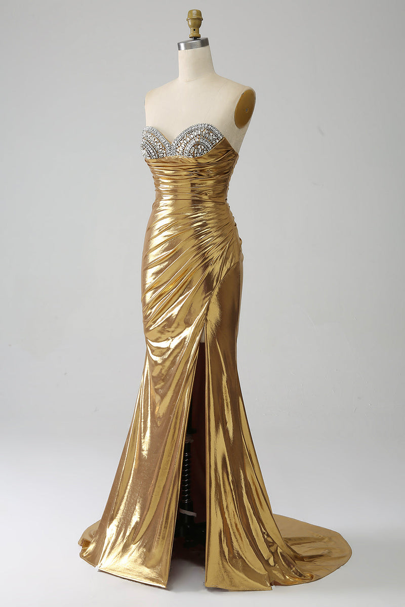 Charger l&#39;image dans la galerie, Robe de Soirée longue sirène dorée sans bretelles avec fente