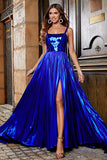 Robe de soirée longue bleu royal scintillante A Line avec dos croisé