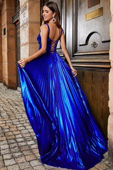 Robe de soirée longue bleu royal scintillante A Line avec dos croisé