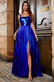 Robe de soirée longue bleu royal scintillante A Line avec dos croisé