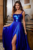 Robe de soirée longue bleu royal scintillante A Line avec dos croisé