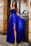 Robe de soirée longue bleu royal scintillante A Line avec dos croisé