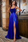 Robe de soirée longue bleu royal scintillante A Line avec dos croisé