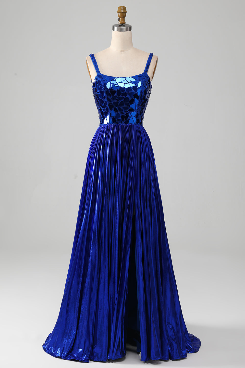 Robe de bal bleu royal à lacets scintillants avec fente