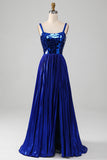 Robe de bal bleu royal à lacets scintillants avec fente