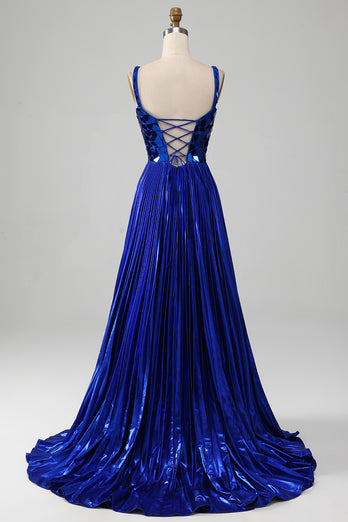Robe de bal bleu royal à lacets scintillants avec fente