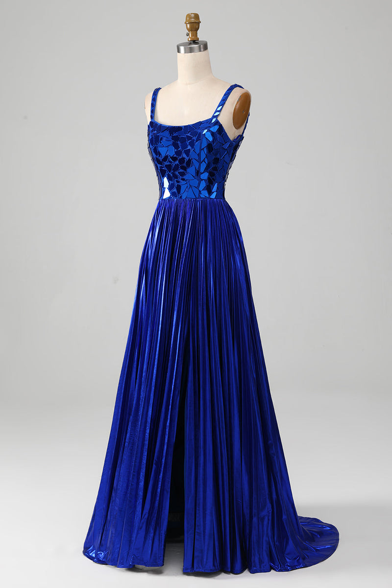 Charger l&#39;image dans la galerie, Robe de bal bleu royal à lacets scintillants avec fente