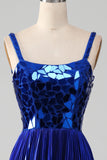 Robe de bal bleu royal à lacets scintillants avec fente