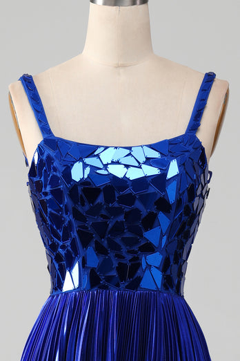 Robe de bal bleu royal à lacets scintillants avec fente