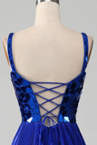 Robe de bal bleu royal à lacets scintillants avec fente