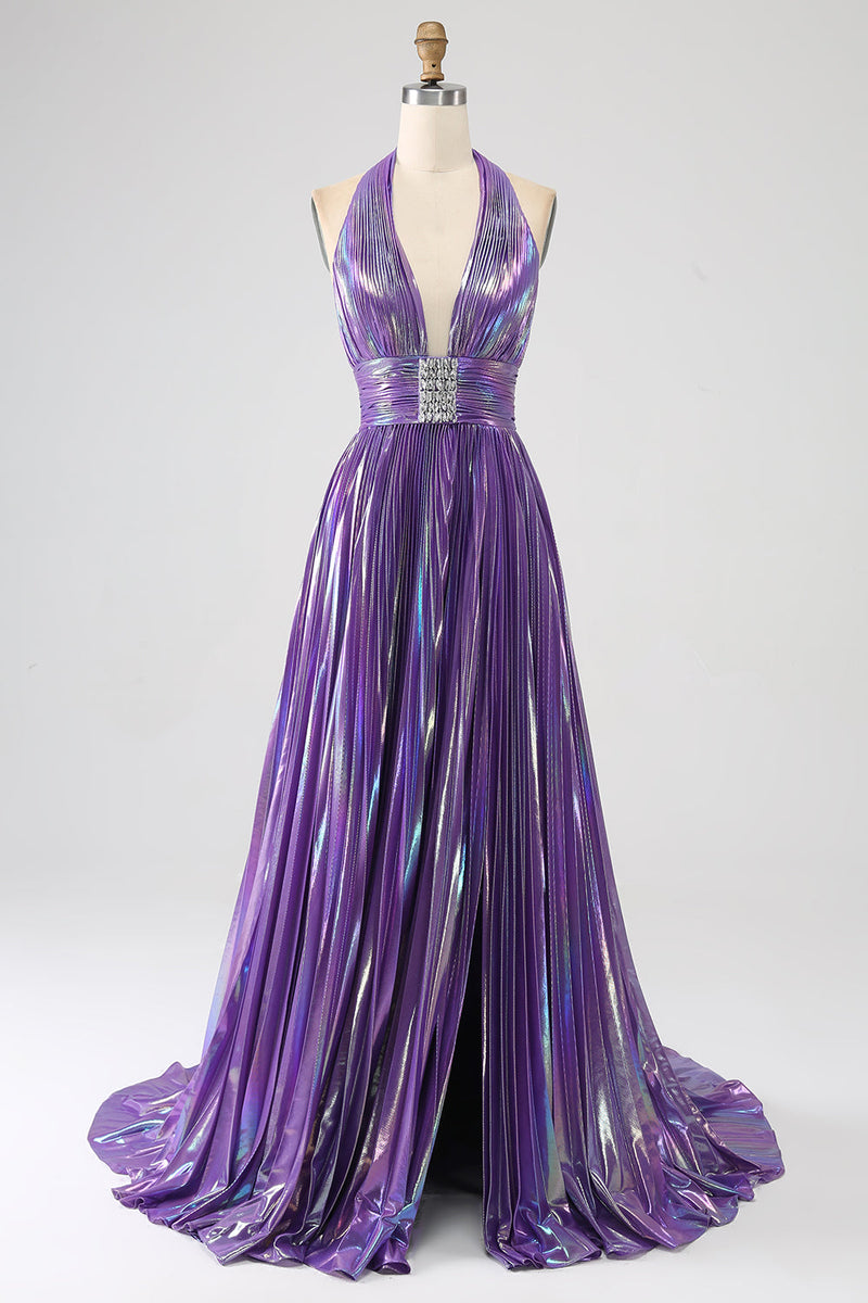 Charger l&#39;image dans la galerie, Robe de soirée longue plissée métallique violet pailleté avec fente