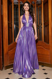 Robe de bal longue plissée violet paillettes métalliques avec fente