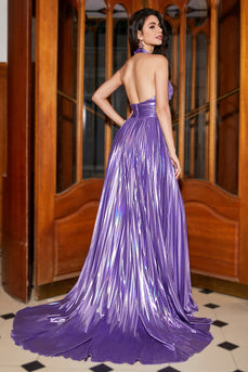 Robe de bal longue plissée violet paillettes métalliques avec fente