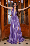 Robe de bal longue plissée violet paillettes métalliques avec fente