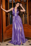 Robe de bal longue plissée violet paillettes métalliques avec fente