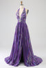 Charger l&#39;image dans la galerie, Robe de soirée longue plissée métallique violet pailleté avec fente