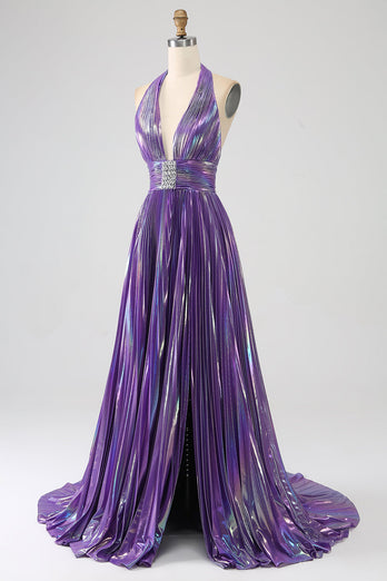 Robe de soirée longue plissée métallique violet pailleté avec fente
