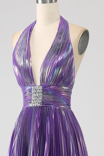 Robe de soirée longue plissée métallique violet pailleté avec fente