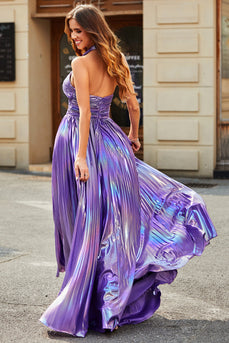 Superbe une ligne dos nu col violet longue robe de soirée avec trou de serrure fendu devant