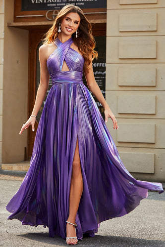 Superbe une ligne dos nu col violet longue robe de soirée avec trou de serrure fendu devant