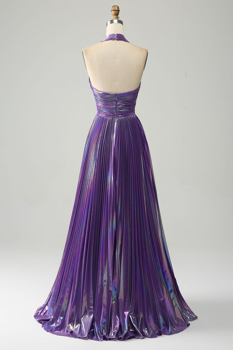 Charger l&#39;image dans la galerie, Robe de bal violet scintillant licol une ligne avec plissée