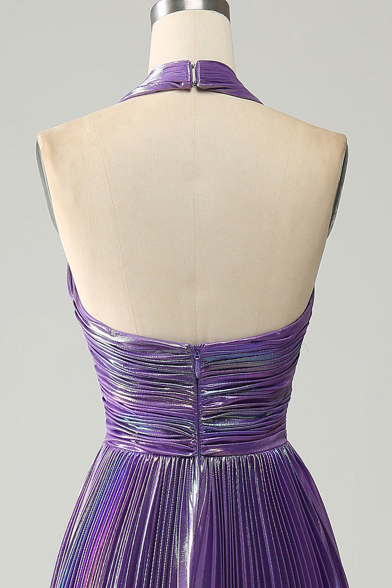Charger l&#39;image dans la galerie, Robe de bal violet scintillant licol une ligne avec plissée