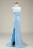 Élégante sirène bleu clair longue robe de bal avec appliques