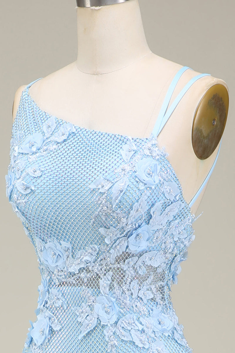 Charger l&#39;image dans la galerie, Élégante sirène bleu clair longue robe de bal avec appliques