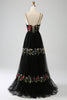 Charger l&#39;image dans la galerie, Robe de Soirée noire trapèze à bretelles spaghetti brodées longue corset