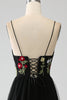 Charger l&#39;image dans la galerie, Robe de Soirée noire trapèze à bretelles spaghetti brodées longue corset