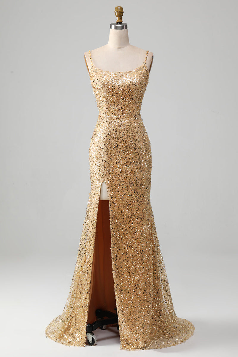 Charger l&#39;image dans la galerie, Sirène dorée Spaghetti Bretelles Robe de Soirée à paillettes avec fente