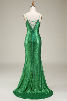 Sirène scintillante bretelles spaghetti paillettes vertes longue robe de Soirée avec fente devant