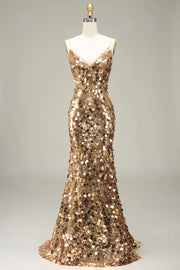 Robe de bal à paillettes sirène dorée scintillante avec fente