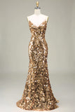 Robe de bal à paillettes sirène dorée scintillante avec fente