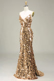 Robe de bal à paillettes sirène dorée scintillante avec fente