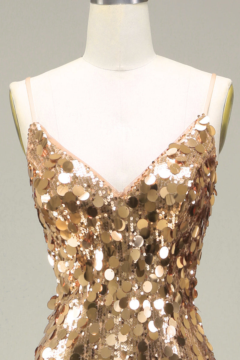 Charger l&#39;image dans la galerie, Robe de bal à paillettes sirène dorée scintillante avec fente