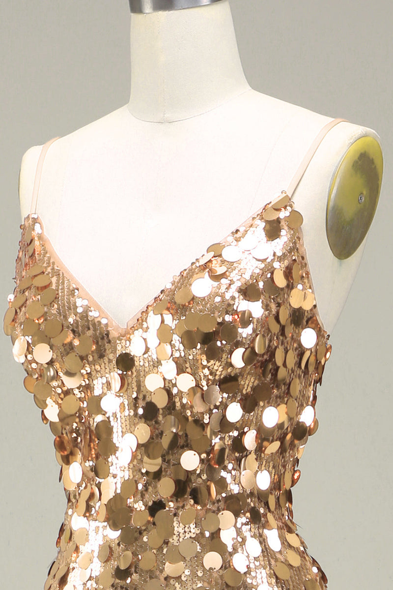 Charger l&#39;image dans la galerie, Robe de bal à paillettes sirène dorée scintillante avec fente