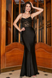 Sirène Spaghetti Bretelles Noir Corset Robe De Bal Avec Appliques