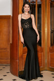 Sirène Spaghetti Bretelles Noir Corset Robe De Bal Avec Appliques