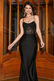 Sirène Spaghetti Bretelles Noir Corset Robe De Bal Avec Appliques