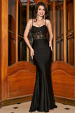 Sirène Spaghetti Bretelles Noir Corset Robe De Bal Avec Appliques