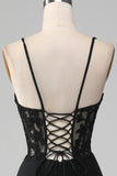 Robe de bal Corset à bretelles spaghetti sirène noire avec appliques