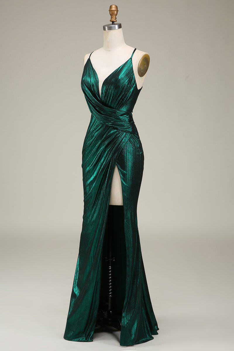 Charger l&#39;image dans la galerie, Sirène chaude Spaghetti Bretelles Vert Foncé Longue Robe de Soirée avec Dos Ouvert